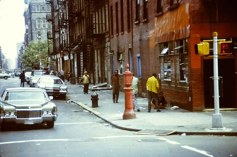 Rivington Street at The Bowery, facing east in August 1973, as documented by Armando Moreschi.