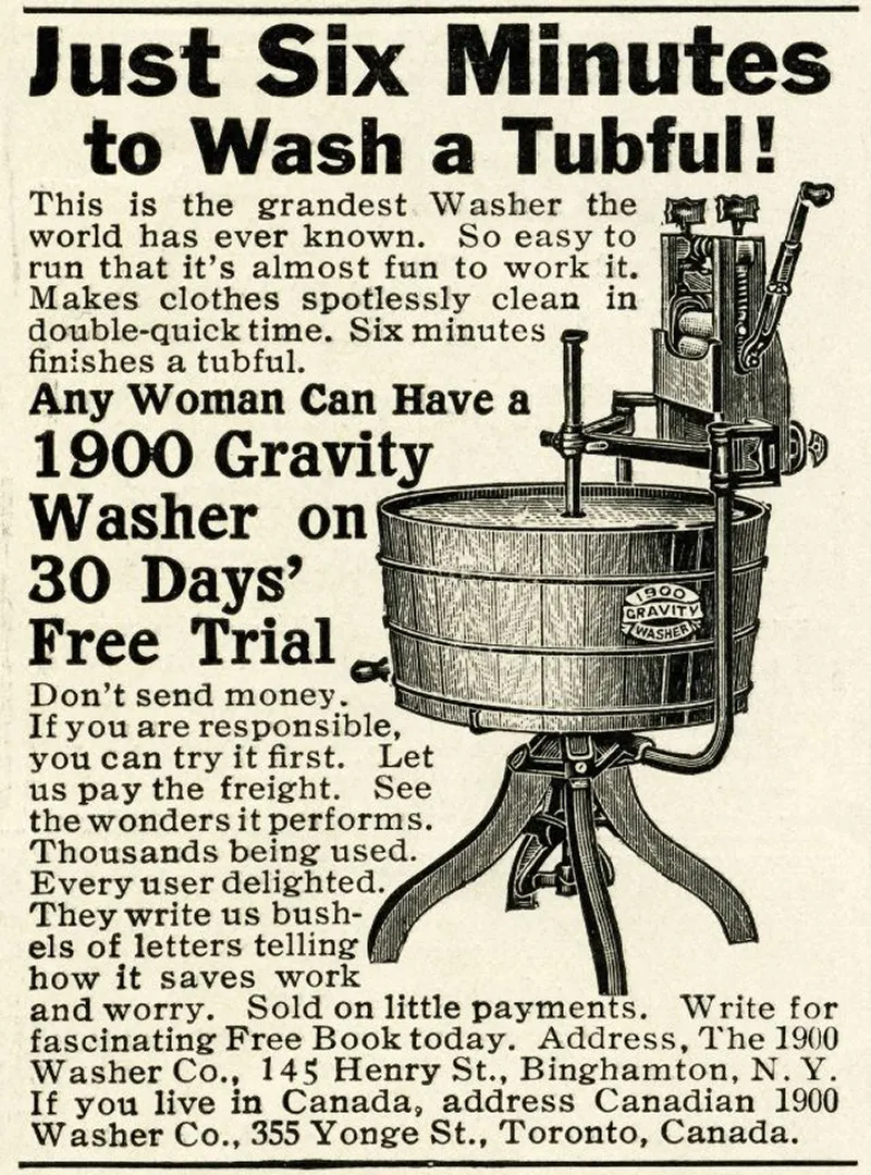 This state-of-the-art washer boasted a six-minute wash cycle, requiring only a seated user to turn the crank handle. To boost sales, mail-order catalogs allowed customers to order it on a trial basis, testing it at home for a month before purchase.