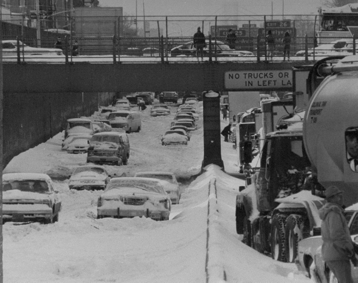 The blizzard of 1983 dumped so much snow on New York City that cars were left stranded on the Brooklyn-Queens Expressway.