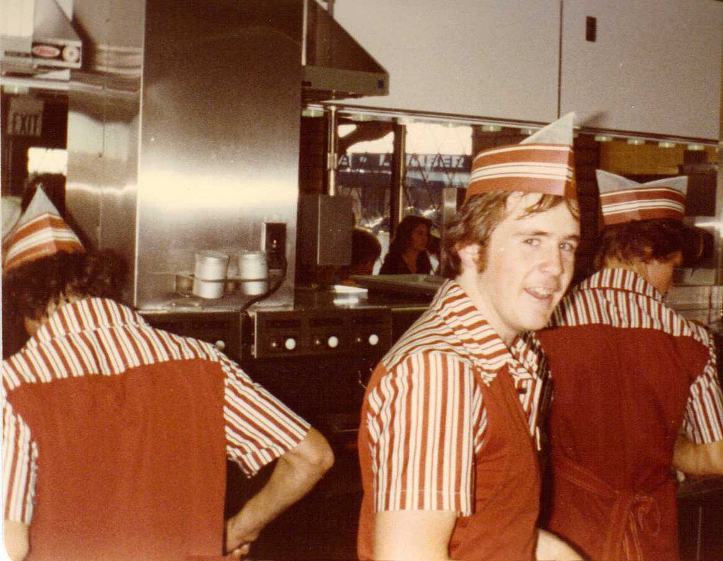 The dedicated grill crew at a McDonald's in Caldwell, Idaho, 1980, working hard to keep the burgers coming.