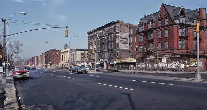 The intersection of 130th and 7th Avenue (A.C. Powell Boulevard), facing northeast in 1978. Photo by Manel Armengol.