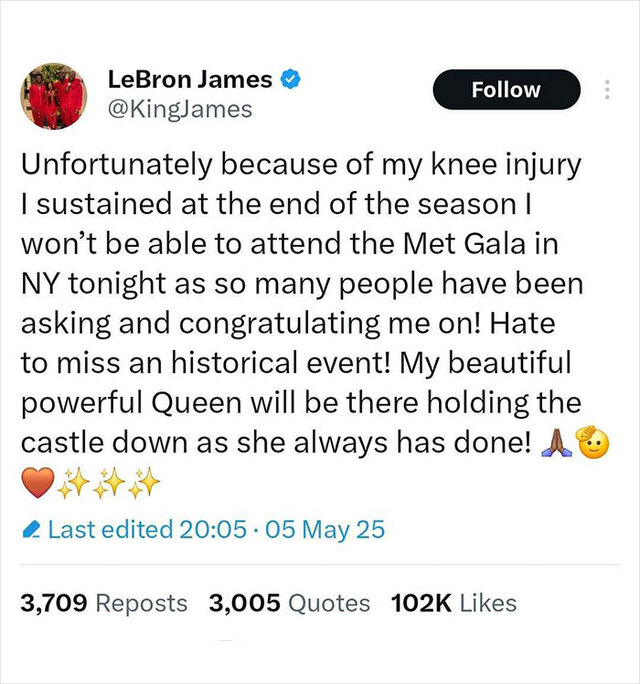 LeBron James' Absence: The Missing King at the Met Gala