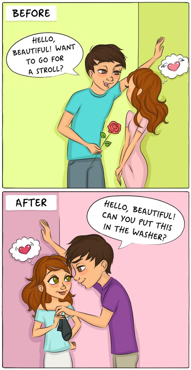 Flirting transforms from sweet talk and love notes into sarcastic banter that only the two of you understand.
