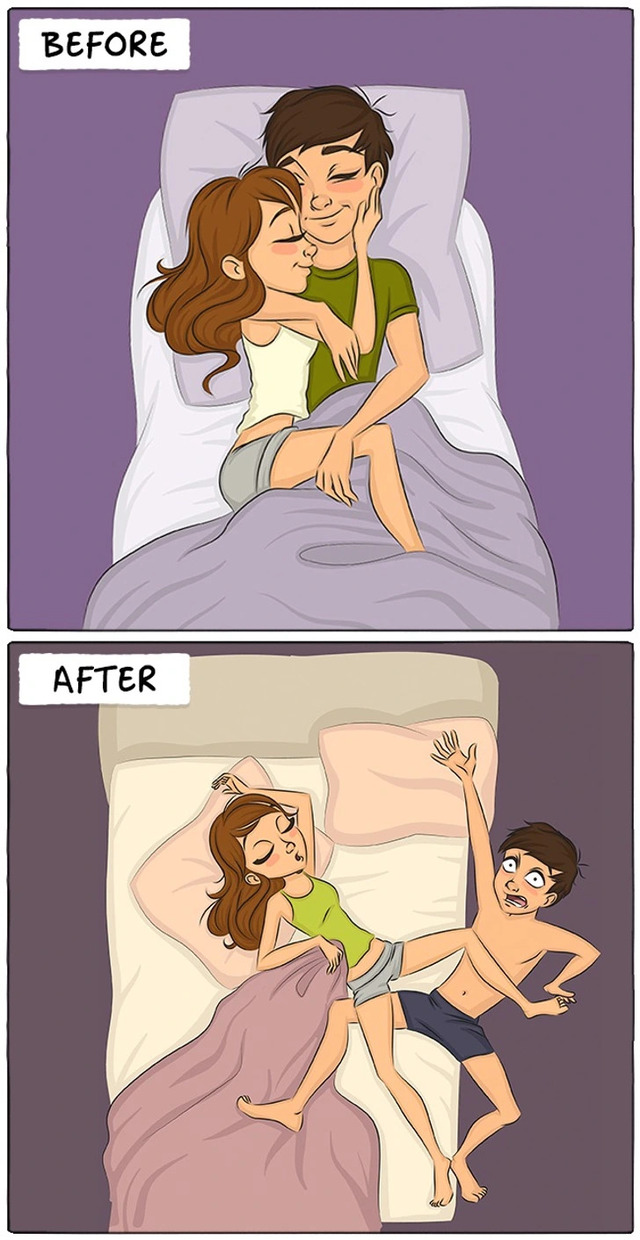 Sharing a bed starts with dreamy cuddles, but over time it becomes a nightly adventure of snores, stolen blankets, and survival.