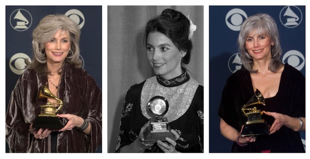 A glimpse of Emmylou Harris’s timeless achievements, holding her Grammy Awards from different stages in her career.