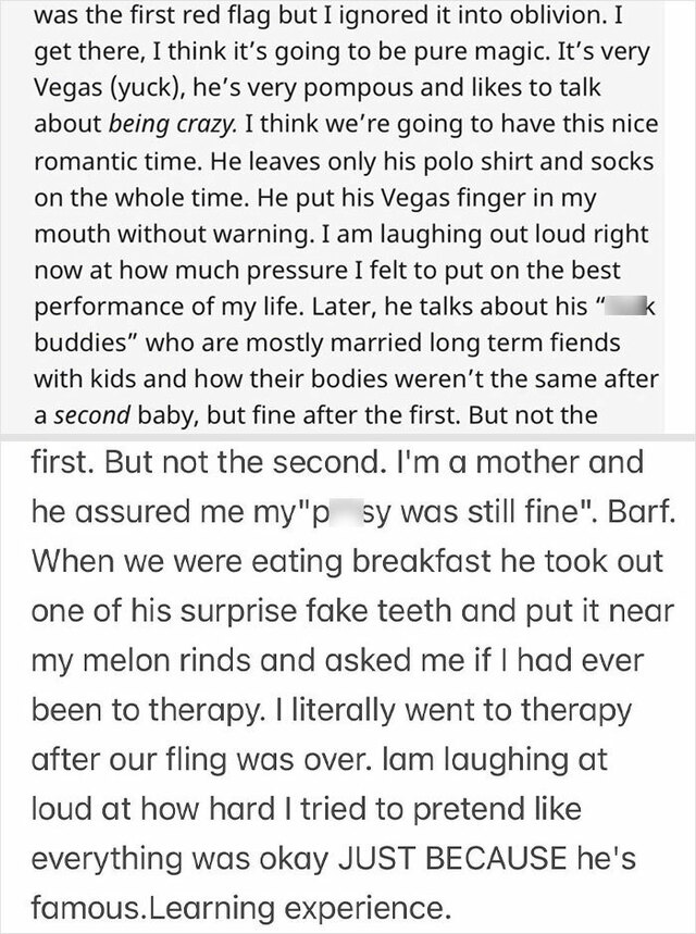 According to her recollection, Harbour invited her to meet him in Las Vegas — a gesture she later described as a mistake