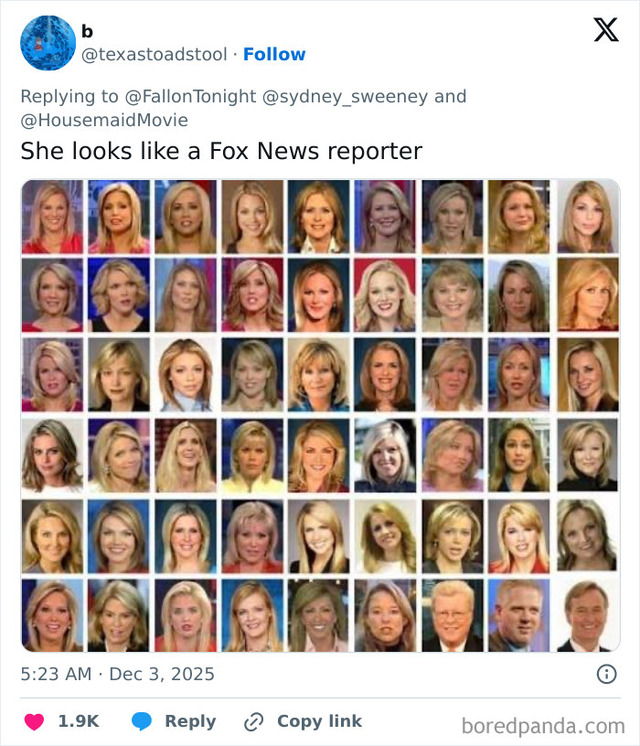 A Twitter user humorously compares Sydney Sweeney's hairstyle to that of Fox News reporters, sparking even more debate about her appearance.