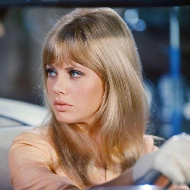 Britt Ekland showing off a classic 70s look with her effortlessly chic style and radiant beauty, captured in an iconic moment.