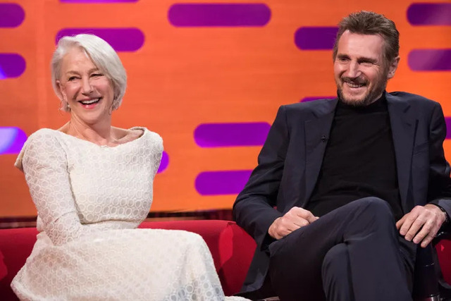 Helen Mirren and Liam Neeson share a joyful moment during an appearance on The Graham Norton Show, reflecting on their past relationship.