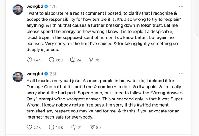 In the wake of the backlash, BD Wong issued a public apology on his social media accounts, including his Threads profile