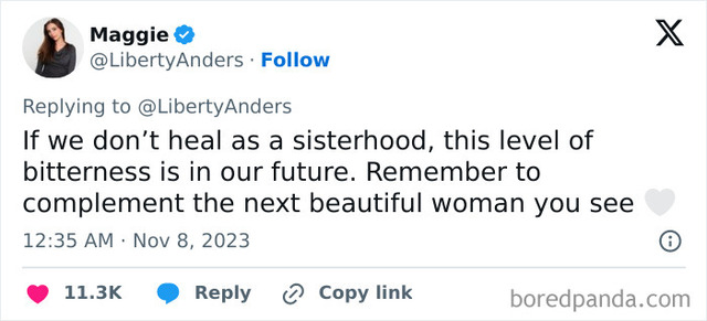 Maggie urges women to break free from the cycle of bitterness and support each other by offering compliments, not criticism.