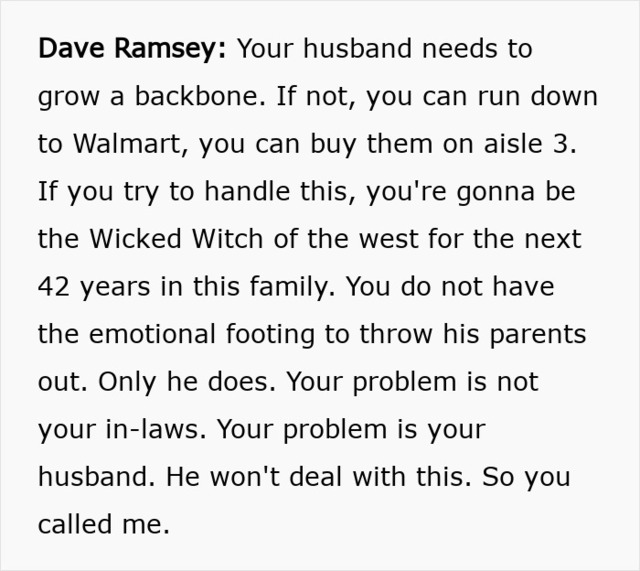 Ramsey’s tough advice: A clear message for the husband to step up and take responsibility for his parents’ situation before things spiral further.