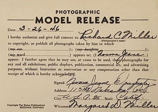 The original 1946 photographic model release form signed by Norma Jeane Dougherty, granting photographer Richard C. Miller permission to use her images—an early document from the beginning of her modeling career.