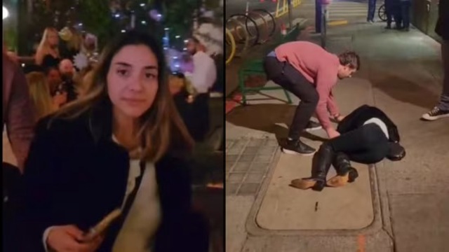 The woman faces a fall on the sidewalk after the altercation escalates outside.