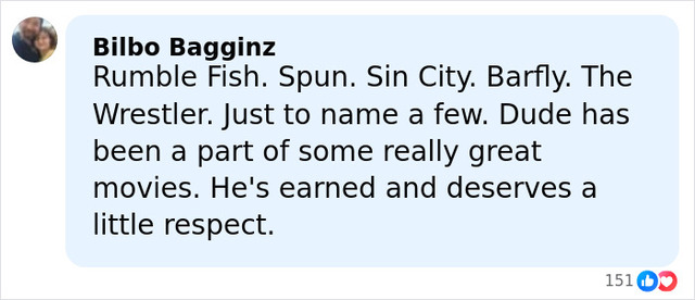 Bilbo Bagginz remembers Mickey Rourke’s iconic roles in Rumble Fish, The Wrestler, and more, calling for respect for his career.