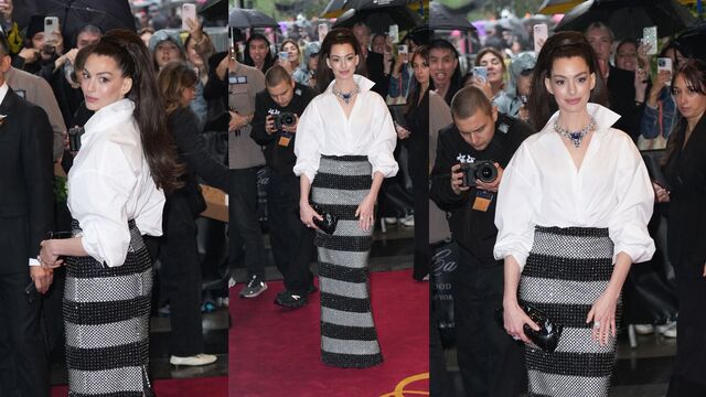 From every angle, Hathaway's 2025 ensemble showcases the perfect intersection of masculine tailoring and high-fashion glam.