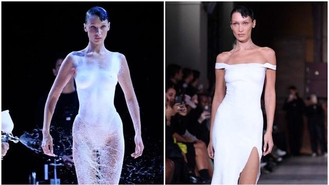 Bella Hadid made history by having a liquid fabric dress sprayed directly onto her skin in real-time.