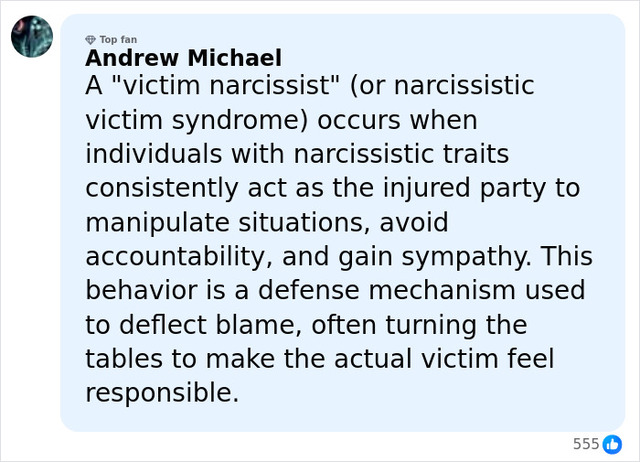 An online commentary defining "victim narcissism," reflecting the psychological lens through which many critics viewed the trial's testimonies.