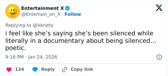 Caption: Netizens react with irony to the documentary's premise, questioning how a public figure in a global film can claim to be "silenced".