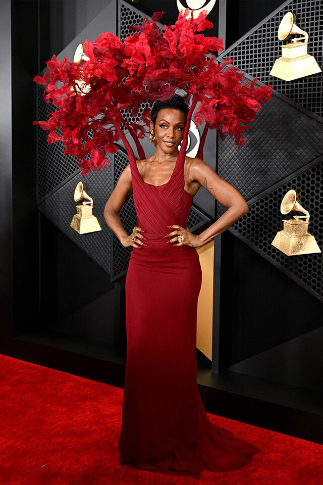 Dawn Richard (2024) represented Mother Nature in a vibrant red gown swallowed by massive sculptural leaves.