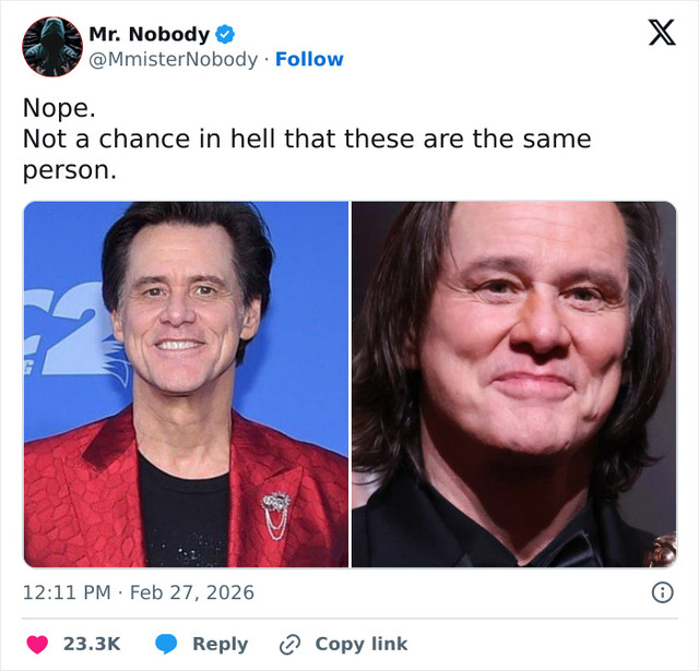 Online skeptics fuel "clone" theories by comparing Jim Carrey’s recent appearance to his earlier years.